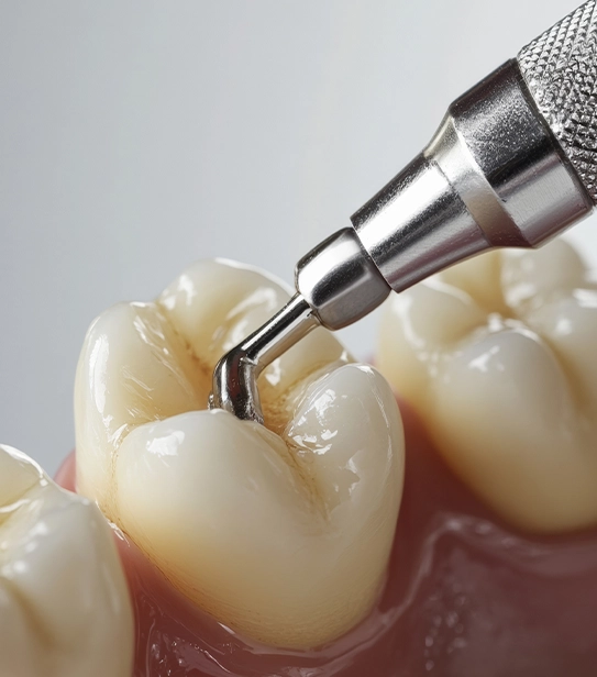 Dental tool cleaning and preparing a molar tooth for filling treatment in a clinical setting