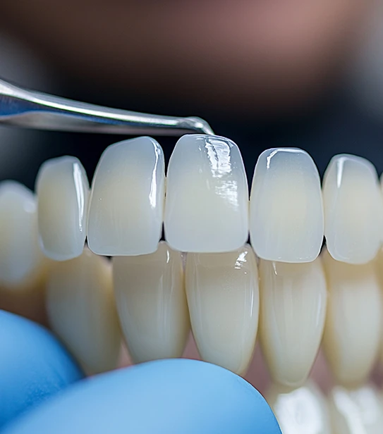 A close-up macro shot of a dental professional using a precision tool to prepare a row of upper teeth for porcelain veneer placement.