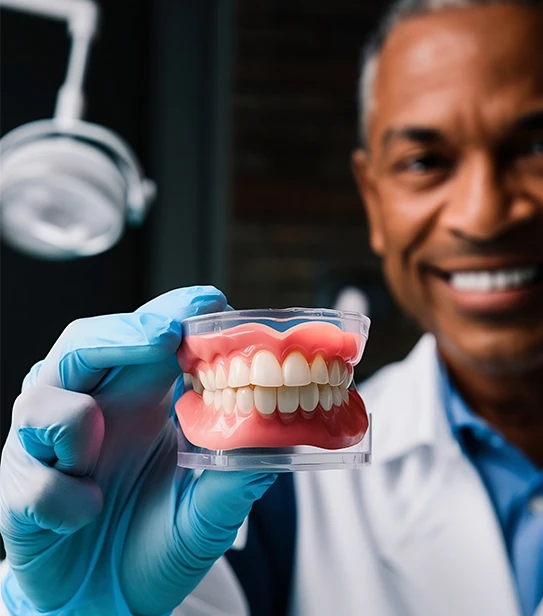 A smiling dentist in a white lab coat holding a full set of realistic upper and lower dentures in a gloved hand.