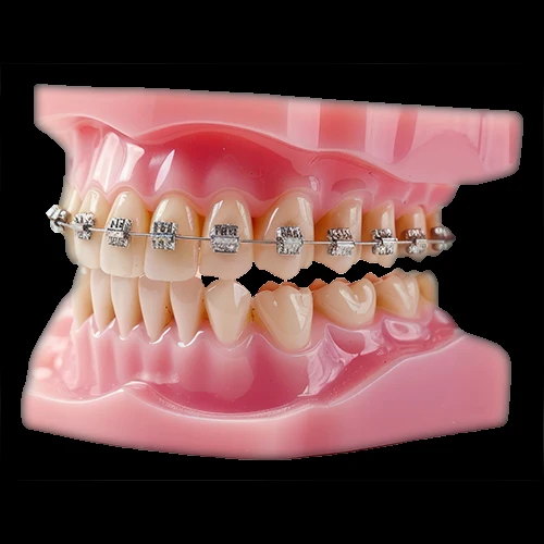 Orthodontic comparison model showing traditional metal braces versus clear aligner treatment for teeth straightening.