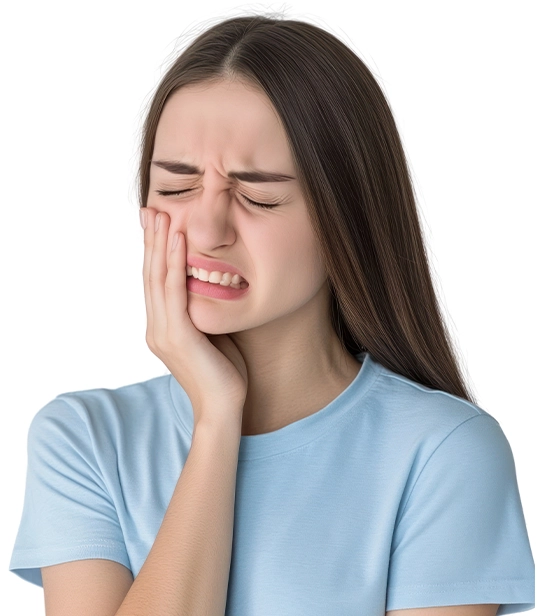 Young woman holding cheek in pain due to severe toothache or dental infection